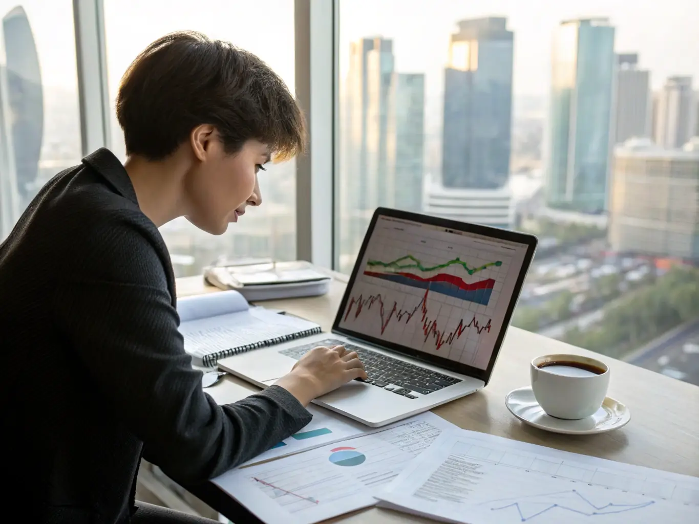 An asset manager is analysing market trends and managing a diverse portfolio of assets on a computer screen in a high-tech office.
