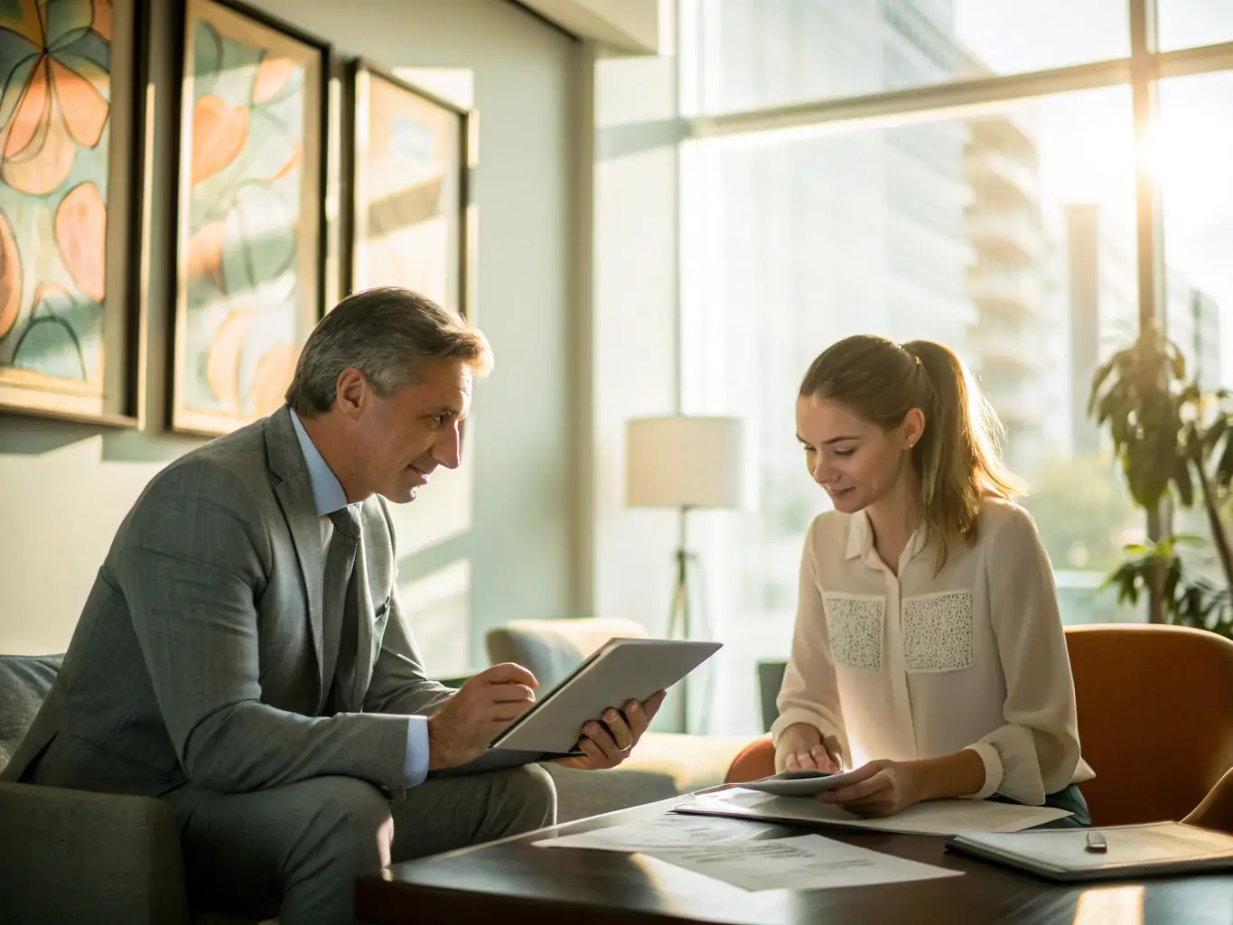 A financial planner is reviewing economic data and discussing financial plans with a client in a bright, modern office setting.