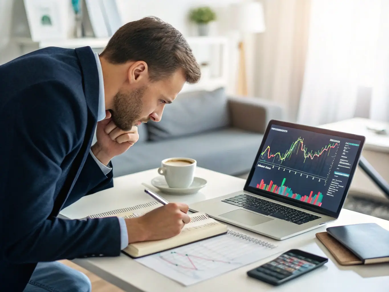 A professional business coach is guiding an e-commerce entrepreneur through financial charts and investment strategies on a laptop, set in a modern office environment.